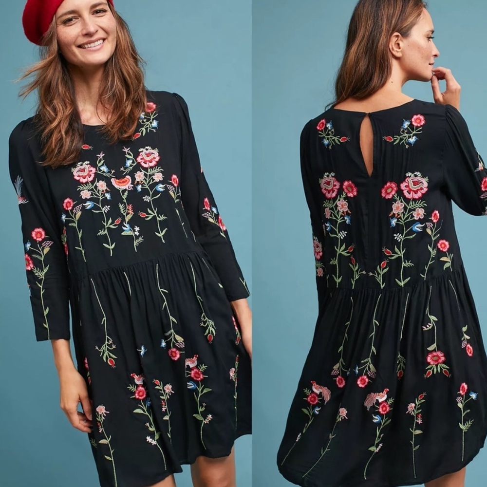 Anthropologie Maeve Allison black embroidered baby doll dress